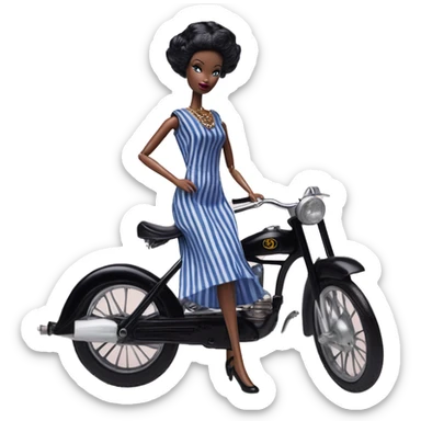 1920s coal hair Silkstone Marie Antoinette Barbie Wednesday Addams from academy in a blue and black vertically-striped classic dress. riding hot rod bikes with crows sticker