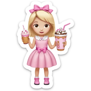 A little girl with a Dunkin' milkshake and a donut with pink frosting and marshmallows, wearing a pink coquette-style dress with bows and blonde hair. sticker