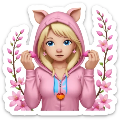 sexy and muscled, full body, in pink kegurumi pijamas, pig hood, sexy woman, long blond hair, beautiful blue eyes, makeup, earrings, muscled, surrounded by pink flowers and sakura petals sticker