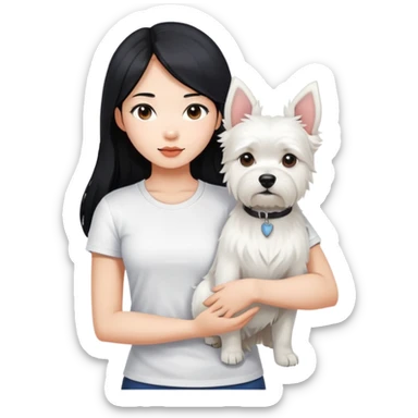 An Asain girl with long black hair to her wearing a white tight tshirt, she is  holding a west highland terrier with big ears  sticker