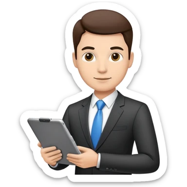 ceo executive confidently, holding a digital tablet or folder, wears smart business attire sticker