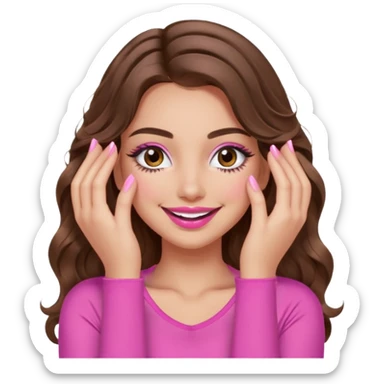 girl with long wavy brown hair, brown eyes, long lashes, sexy pink lips, light to medium complexion, wearing a pink sexy top, smiling, hands covering over the eyes sticker