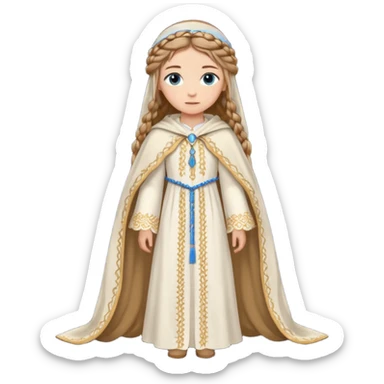 Joven de unos 20 años, de aspecto dulce y elegante.
Piel clara, ojos (pueden ser azules o verdes)
Rubio o castaño claro, largo, con trenzas o velo.
Vestido largo de tonos suaves (blanco, azul o lavanda), con bordados dorados; un manto o toca fina cubriendo la cabeza. Haz todo el cuerpo sticker