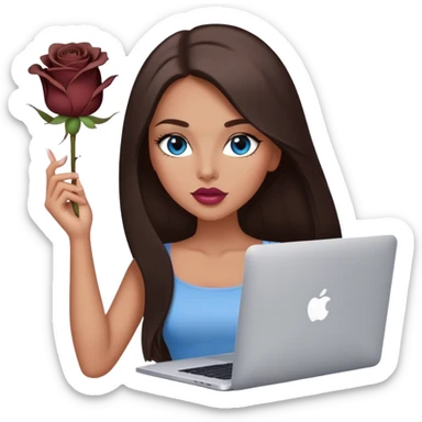 Glamours tanned very beautiful girl with pump natural rose-beige lips and dark chocolate straight smooth long hair, blue-grey eyes with MacBook sticker