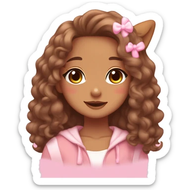 TAN SKIN GIRL WITH LONG BROWN CURLY HAIR AND A CORGI pink kawaii shiny blushing cute kawaii pastel anime trending style pink pastelcore sticker