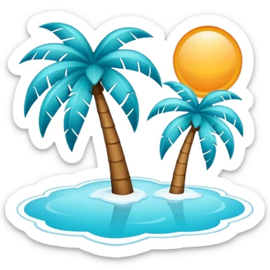 Minimalist sun and palm tree outline icon, thin contour, monoline vector, premium tropical travel emoji, aqua teal and ice blue, transparent background, 512x512 sticker