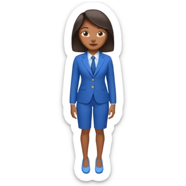 black woman in a blue smart suit and shoes, standing with hands by her side, slight smile, emoji style sticker