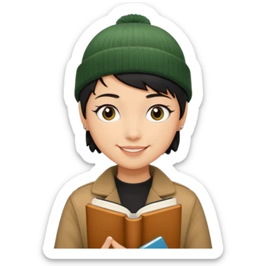 tan skin, non binary man with pixie cut black hair, wearing brown jacket and dark green beanie, smiling , holding up  book  sticker