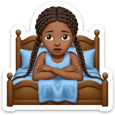 Black woman with braids in a big king size bed on one side by herself crying sticker
