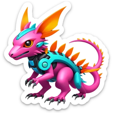 Tropical futuristic lush warm-colored modern colorful neon-colored cyber-Fakémon-Digimon-Trico-creature sticker