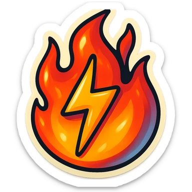 retro sticker style image of a flame with a lightning bolt shape inside, bold contours, juicy colors, expressive highlights and shadows, powerful and bright fire sticker