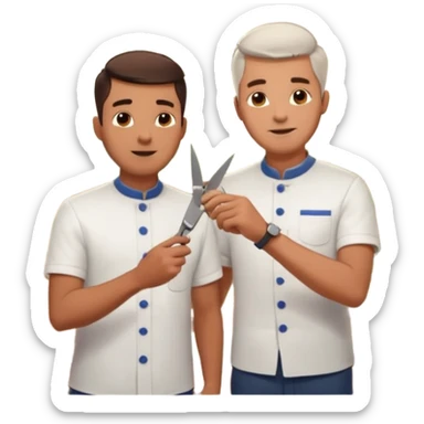 Inside a cozy barbershop with soft lighting, an experienced barber gently teaches his apprentice, guiding his hands as they cut hair together. The room is filled with warmth, plants hanging from the ceiling, and the hum of clippers sticker