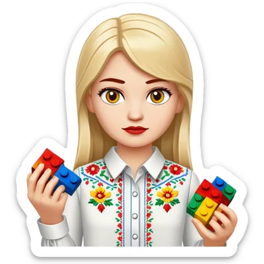 A Ukrainian girl in an embroidered shirt holds Lego bricks sticker