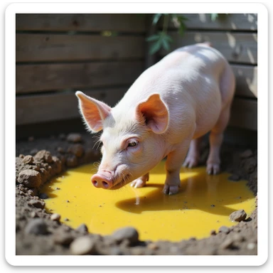 pig in an outdoor pen, feeding and drinking from a yellow puddle among mud, rural environment, natural light, 4K quality sticker
