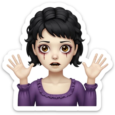 Cabelo ondulado  um pouco cheio e franja curta  Olhos marrons e pequenos e feita d ezumbi mais bonita com cabelo amarro na e com as mãos assim tipo assim🧟‍♀️ sticker