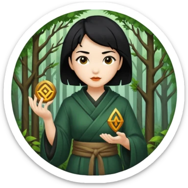 east asian forest mage woman short black hair rune sticker