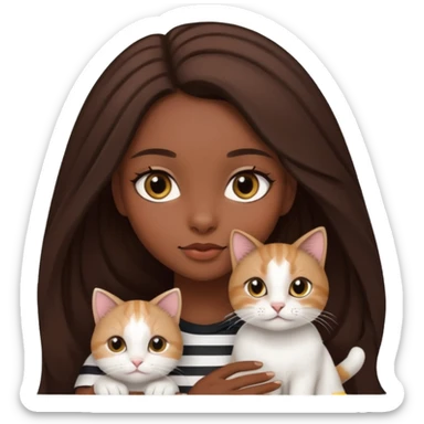 a dark-skinned girl with long brown hair, big brown eyes and a Scottish white cat with black stripes in her hands sticker