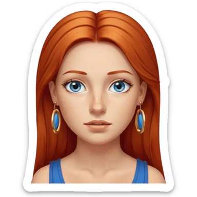 Attractive Greek woman with a wide face, freckles, Long straight amber-red hair and gold hoop earrings and blue eyes sticker