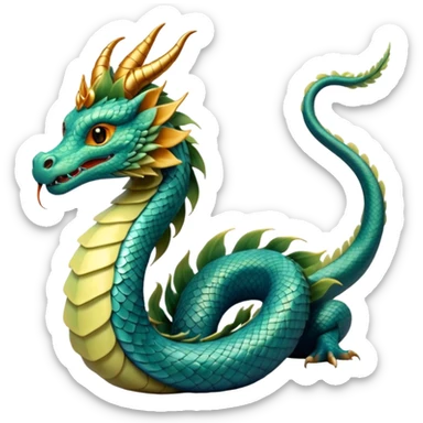  serpent dragon. Slim, serpentine body with smooth scales in soft blues and greens. Fluffy leaf plumes replace the tail fins, and a terracotta crown-like crest adorns its head. Gentle amber eyes. it should be similar to traditional chinese dragons. no legs. snake-like body. sticker