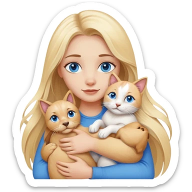 blonde woman with blue eyes and long blonde hair hugging dogs and cats   sticker