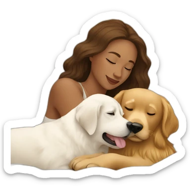 Woman in white bed cuddling a golden retriever sticker