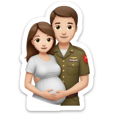 
"Pregnant woman with long brown hair and fair skin wearing a t shirt white. And man with short brown hair and fair skin (without a mustache), wearing a brown military uniform, hugging and smiling."
 sticker