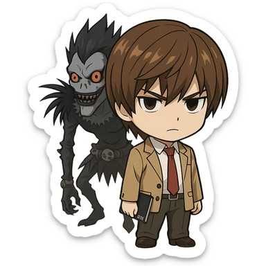 chibi style Light Yagami from Death Note serious expression, Ryuk looming in the background, brown hair, school uniform sticker