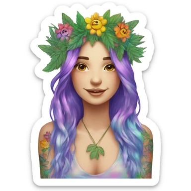 420 Tie dye hippie person flower crown tattoos hemp leaves metallic iridescent holographic sticker