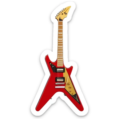 Create a bold and dynamic emoji representing the Epiphone Dave Mustaine Flying V Custom electric guitar. The design should feature the sharp, iconic V-shaped body of the guitar, with a custom finish reflecting Dave Mustaine’s signature style. Add intricate details like gold or chrome tuning pegs and pickups, with subtle graphics or patterns that reflect the aggressive, heavy metal aesthetic. Use a color palette of black, gold, and red, with a touch of metallic sheen for the high-end finish. The background should be transparent to emphasize the guitar's iconic shape sticker