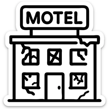 minimalist icon for Airbnb, run down motel inspiration, simple outline of motel with broken windows or peeling paint, Airbnb category icon style, no text sticker