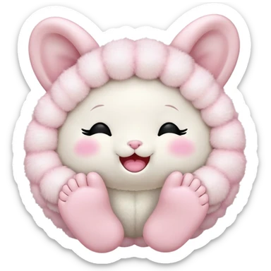 a fluffy toy with a light pink colored shell and ears and a white face and feet, with a cute black closed eyes and mouth sticker