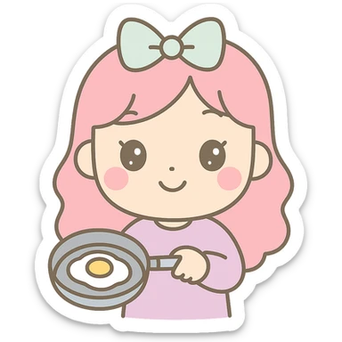 Edit the image of the girl to make her cook an egg on a pan. Keep the kawaii chibi anime style with flat pastel colors, thick outlines, and simple cute features. Ensure the background is transparent. sticker