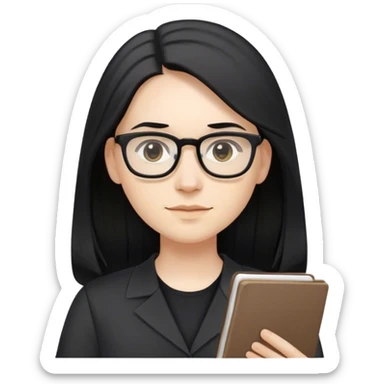 pale teacher with long black hair, wearing glasses and black shirt working sticker