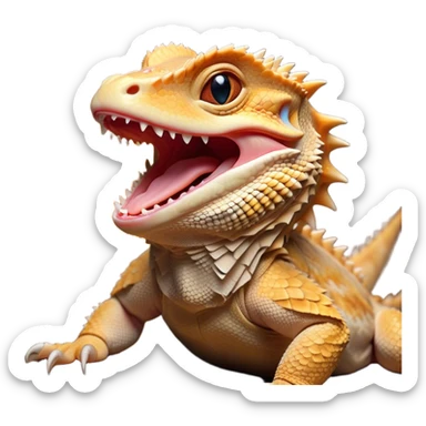 Cinematic Cute Yawning Bearded Dragon Portrait Emoji, Head tilted slightly with a dramatic, wide-open yawn, showcasing a soft, textured scaled hide with its spiky beard partially drooped and eyes barely open in drowsy contentment, Simplified yet irresistibly adorable features, highly detailed, glowing with a soft, cozy glow, high shine, relaxed yet expressive, stylized with a touch of reptilian whimsy, bright and endearing, soft glowing outline, capturing the essence of a sleepy yet affectionate dragon, so drowsy it feels like it could stretch out of the screen and curl up for a nap! sticker