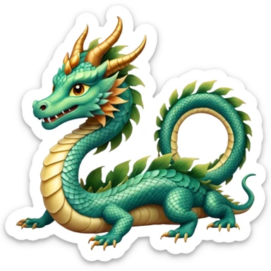  serpent dragon. Slim, serpentine body with smooth scales in soft blues and greens. Fluffy leaf plumes replace the tail fins, and a terracotta crown-like crest adorns its head. Gentle amber eyes. it should be similar to traditional chinese dragons. sticker