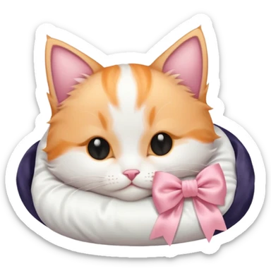 light orange and white kitten with a satin pink bow sleeping on a satin white cat  ed sticker