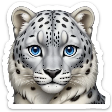 Cinematic-Noble-Snow-Leopard-Portrait-Emoji – Poised and majestic, with a muscular, agile build and a beautifully patterned coat of soft white and grey fur, marked with striking, deep-set, intelligent icy blue eyes, simplified yet sharp and sophisticated zoomed out showing the shoulders sticker