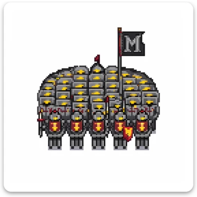 crowd of black knights with a black flag with letter M sticker