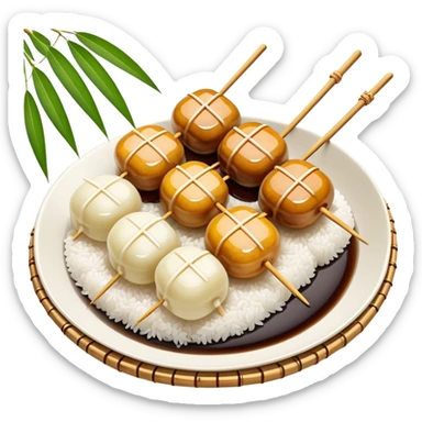 Mitarashi dango with shiny soy sauce glaze drizzled over white rice dumplings on a bamboo skewer sticker