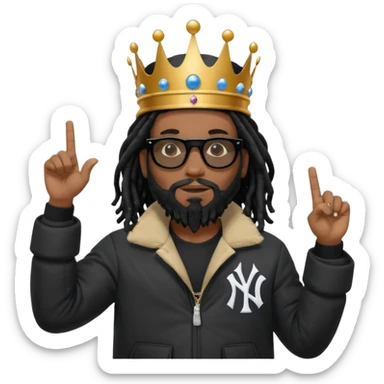African American man with shoulder length black dreadlocks with black beard wearing black sunglasses wearing Crown on his head wearing a black bubble New York Yankees logo winter coat pointing up sticker