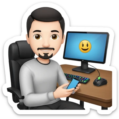 a setup of a youtuber, white skin, thin goatee, black short hair, with a desktop pc on a table, a gaming chair, microphone, no headset phone sticker