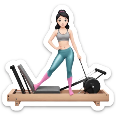 Create a Pilates emoji: a girl with fair skin and black hair, wearing a grey bra and grey leggings with pink pilates socks, doing  mermaid on a wooden reformer. Make it look at the reformer. Make the colors neutrals. sticker