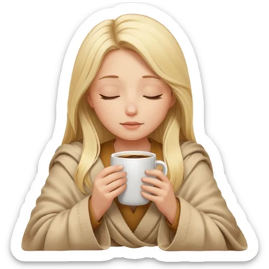 Blonde girl long hair inside a beige blanket sipping coffee eyes closed sticker