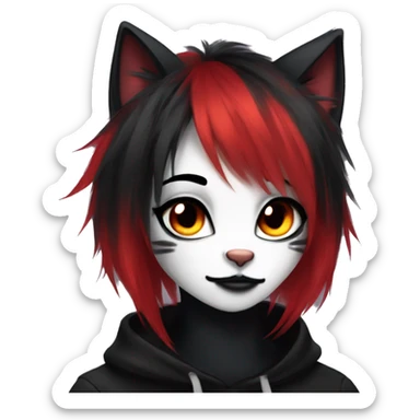 Anthro Edgy Cool Beautiful Black Cat-Fursona with Emo Hair-bangs with Red Streaks sticker