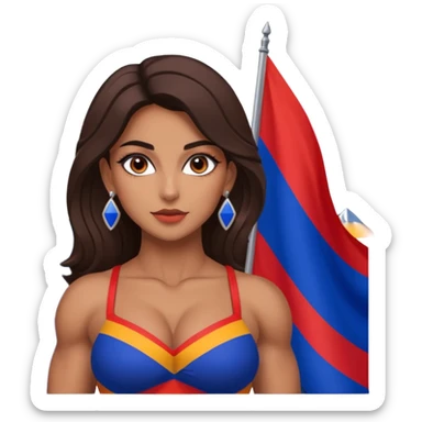 sexy and muscled, full body, brown skin Armenian caucasian girl, sexy girl, beautiful eyes, makeup, earrings, muscled, surrounded by mountains, Flag of Armenia sticker