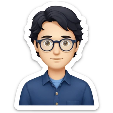 Upper body only of young caucasian man with longer wavy black hair, round glasses, wearing comfortable dark blue buttoned shirt sticker