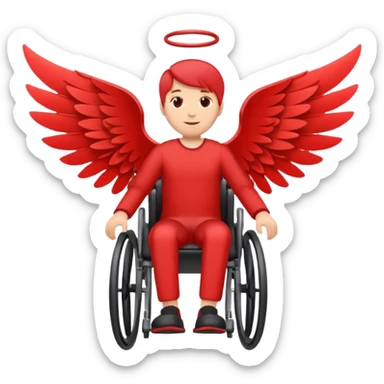 "A simple, red icon of a person in a wheelchair with stylized wings on their back, modern logo design, emoji style, white background" sticker
