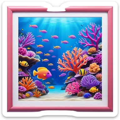 Cinematic Realistic Coral Reef Emoji in a wooden frame, Vibrant and alive, with colorful corals in hues of pink, purple, and orange, swaying gently with the underwater currents. Schools of tropical fish dart between the coral, with soft rays of sunlight piercing through the clear blue water above, creating a magical, serene underwater world. Soft glowing outline, capturing the essence of the bustling, colorful, and peaceful aquatic paradise. sticker