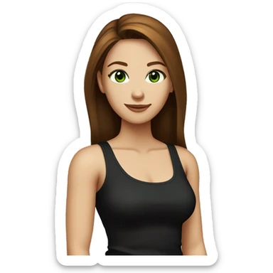 Attractive woman with butt-long chestnut-brown hair and dark green eyes wearing a black tank top sticker