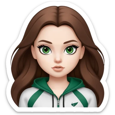 pretty bratz girl, long brown hair, dark green eyes, black eyeliner, pale skin, athletic clothes sticker